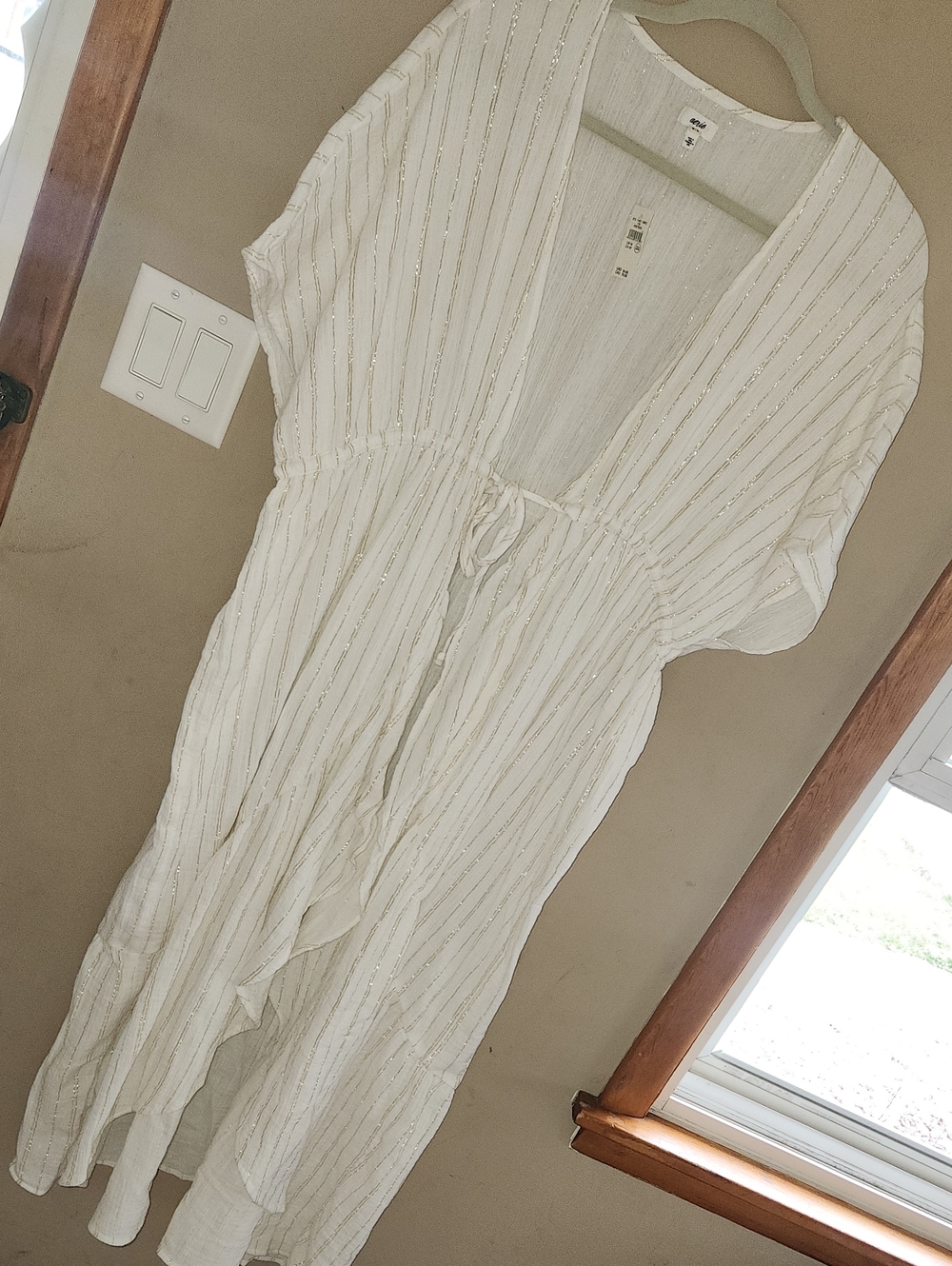 NwtAerie Boho White Gold Stripe Ruffle Beach Robe Cover-up Maxi Gauze Tie Sz med